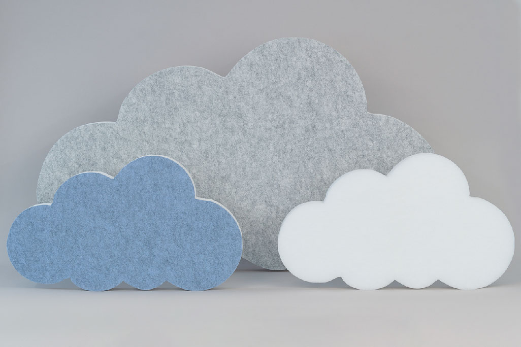 Sound absorber in the form of a large and two small clouds (soni ELEMENT CLOUD) in the colors light grey, blue and white against a grey background